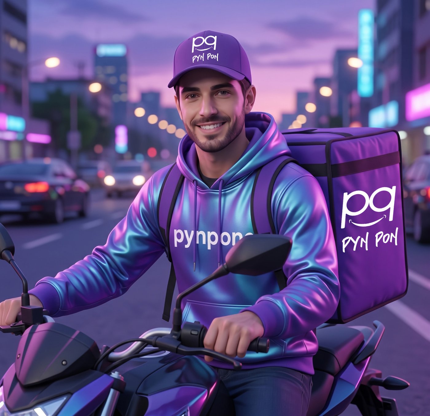 Repartidor de Pyn Pon en motocicleta con mochila de reparto morada, en una avenida al atardecer